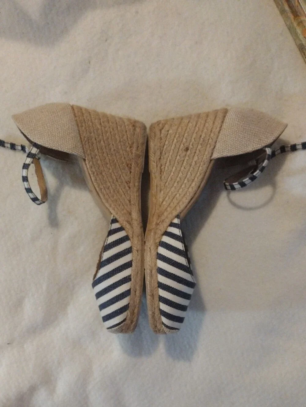 White Mountain Denim Navy and Beige Striped Espadrille Wedge Sandals Size 10